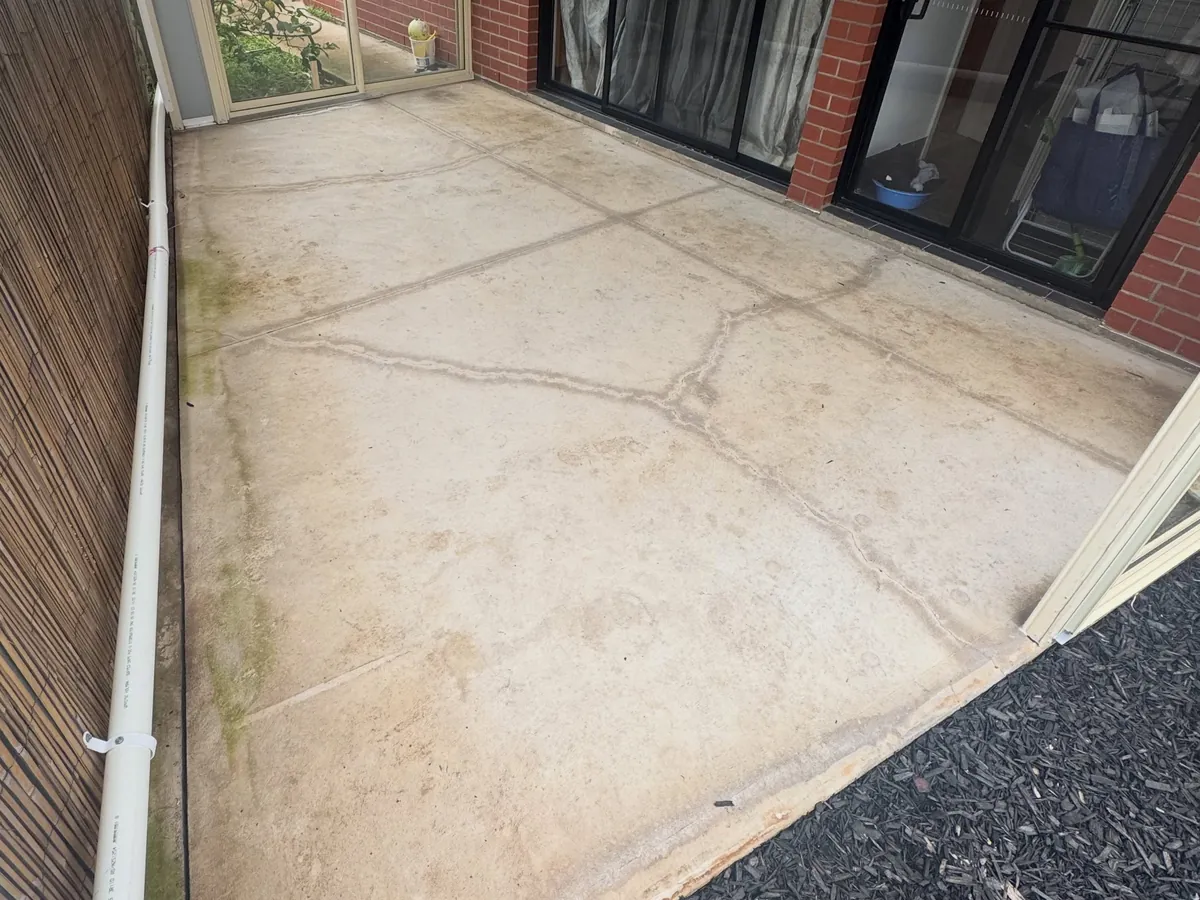The same patio before coating — cracked concrete slab with green staining along the edge